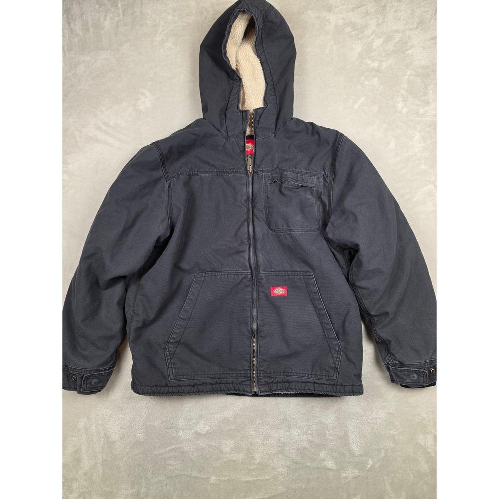 Dickies Hooded Canvas Jacket Mens Large Black Sherpa Lined Workwear TJ350RBK